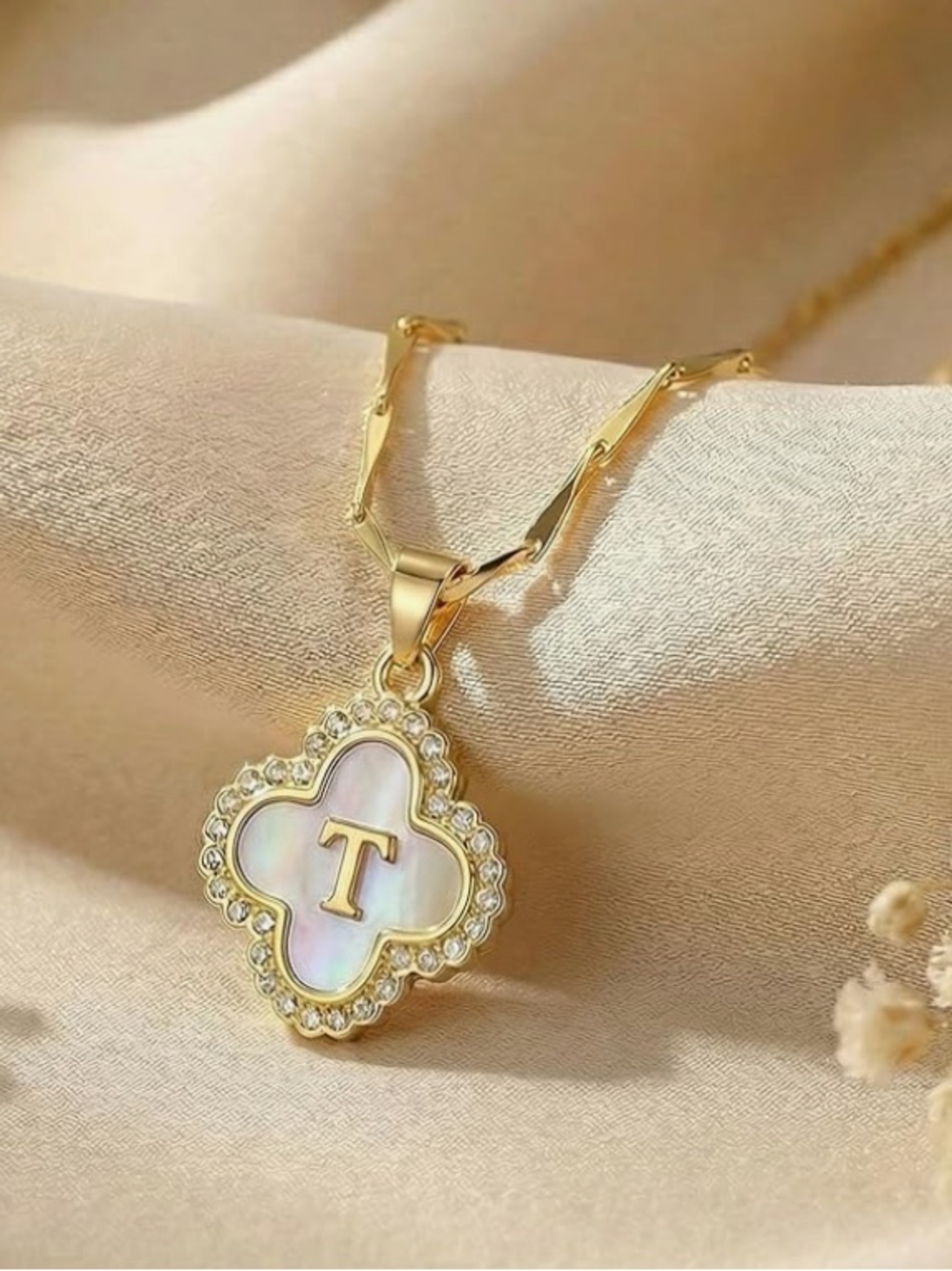 Gold-Mother-of-Pearl 'T' Initial Clover CZ Pendant Seed Chain Necklace